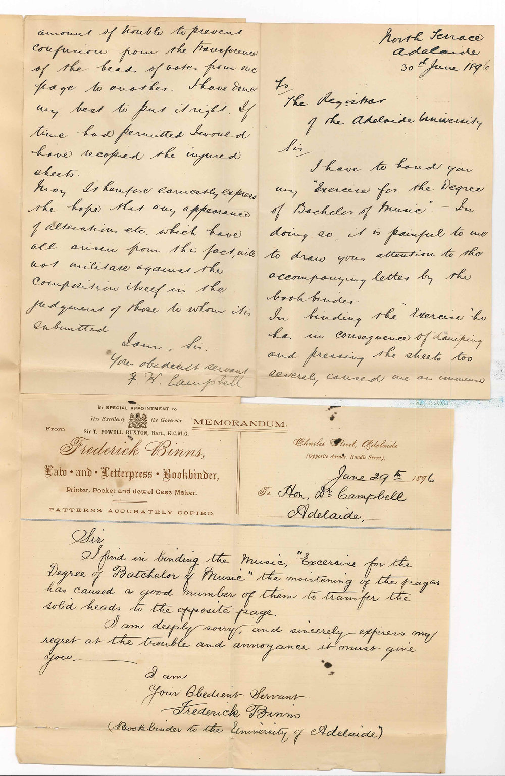 F W Campbell - North Terrace Adelaide - Herewith Exercise for Mus Bac degree