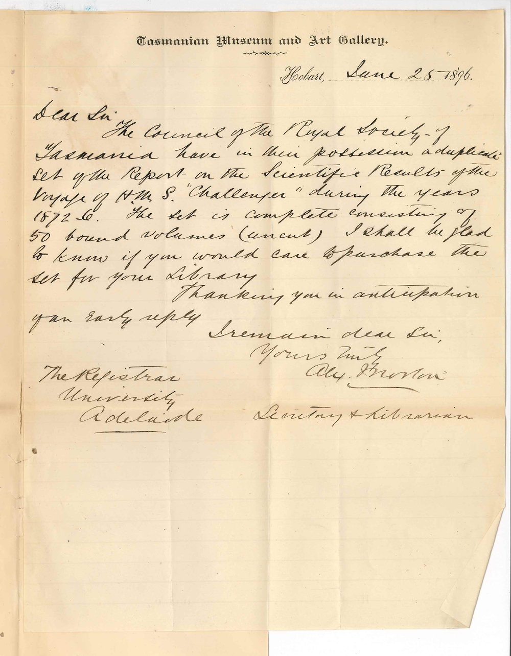 Alexander Morton - Secretary and Librarian - Tasmanian Museum and Art Gallery - Hobart - Offering set of Reports of Voyage of HMS Challenger
