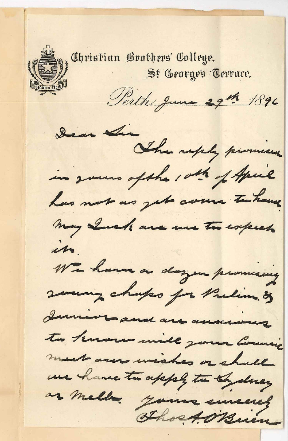 Reverend Thomas A O'Brien - Christian Brothers College - Perth - Preliminary Examination at Perth in September