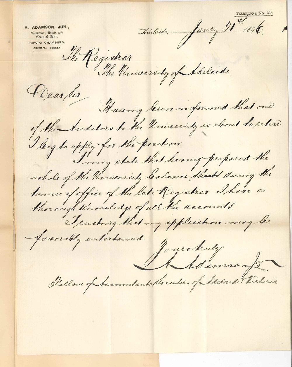 A Adamson Junior - Cowra Chambers - Grenfell Street - Application for position of Auditor