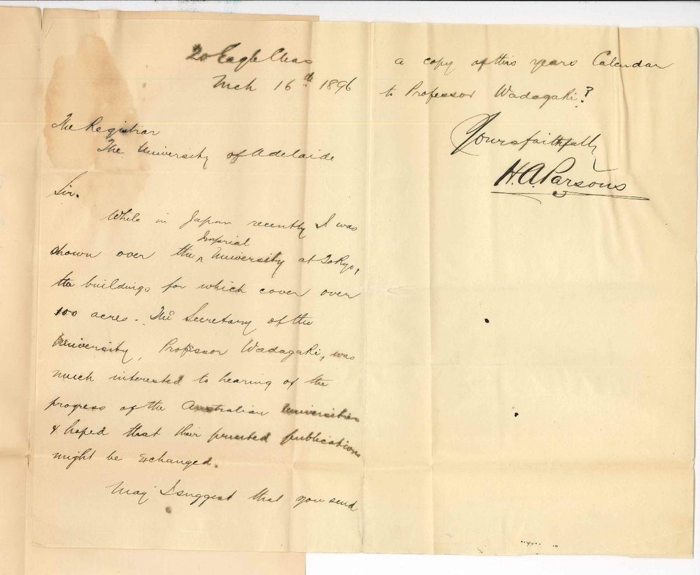 Harold A Parsons - 20 Eagle Chambers Adelaide - Suggesting exchange of Calendars with Tokyo University