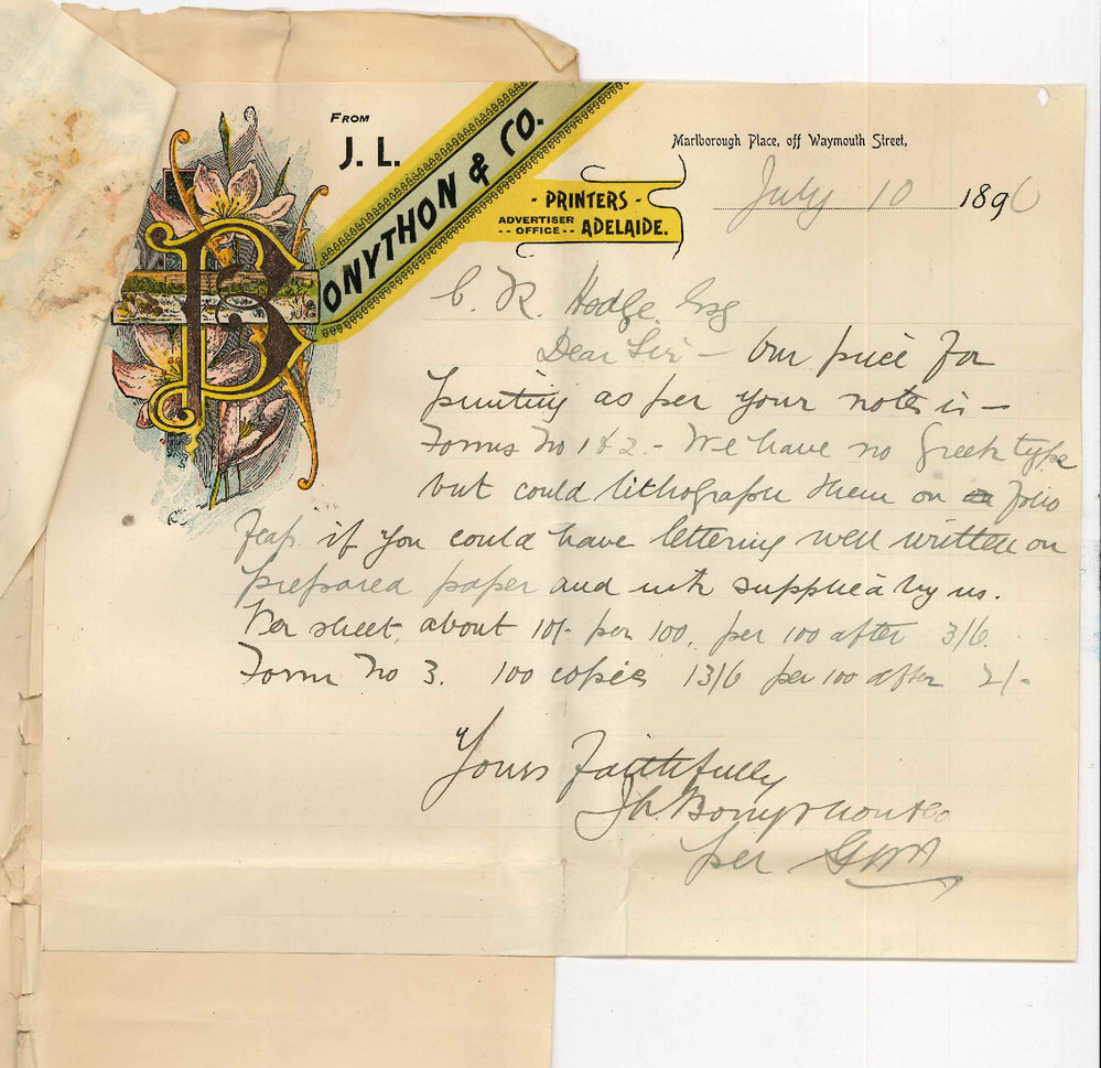Bonython and Co - Register Print Hussey and Gillingham - Adelaide - Price for class examination papers