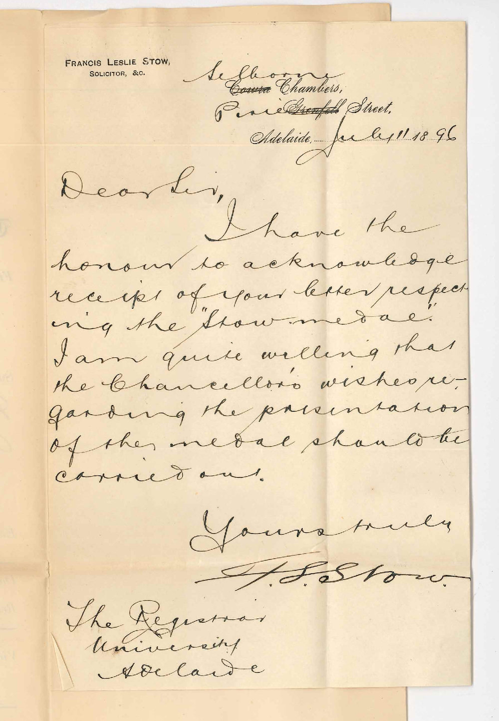 Francis Leslie Stow - Pirie Street Adelaide - Would like Stow Medal presented at the Commemoration