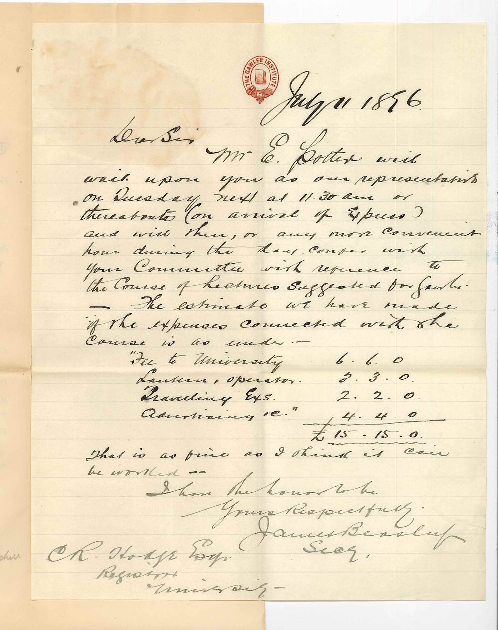 James Beasley - Secretary - Gawler Institute - Conference Regarding Course of Extension Lectures for Gawler