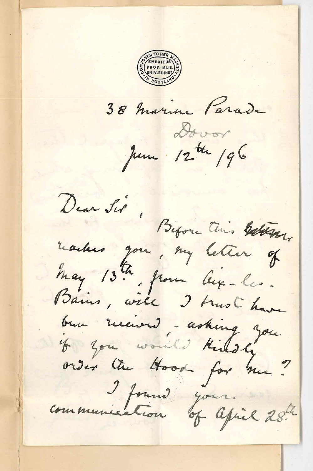 Sir Herbert Oakeley - Dover - Hood for Mus Doc will act as Examiner for Mus Bac Compositions
