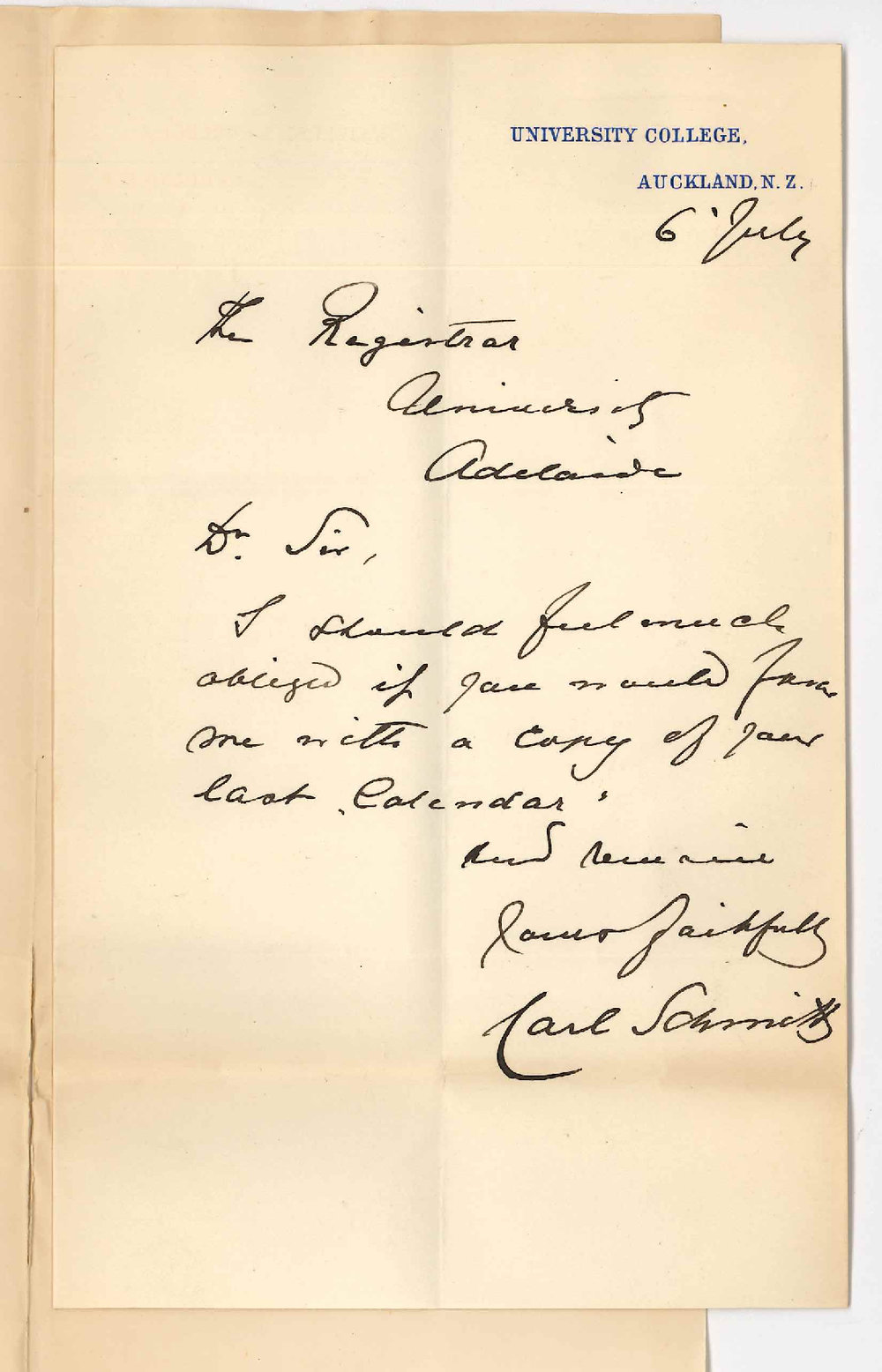 Carl Schmidt - University College Auckland - Asks for Calendar