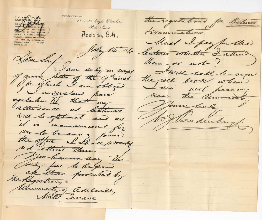 William John Vandenbergh - Adelaide - Regarding LLB lectures and degree under Regulation 11
