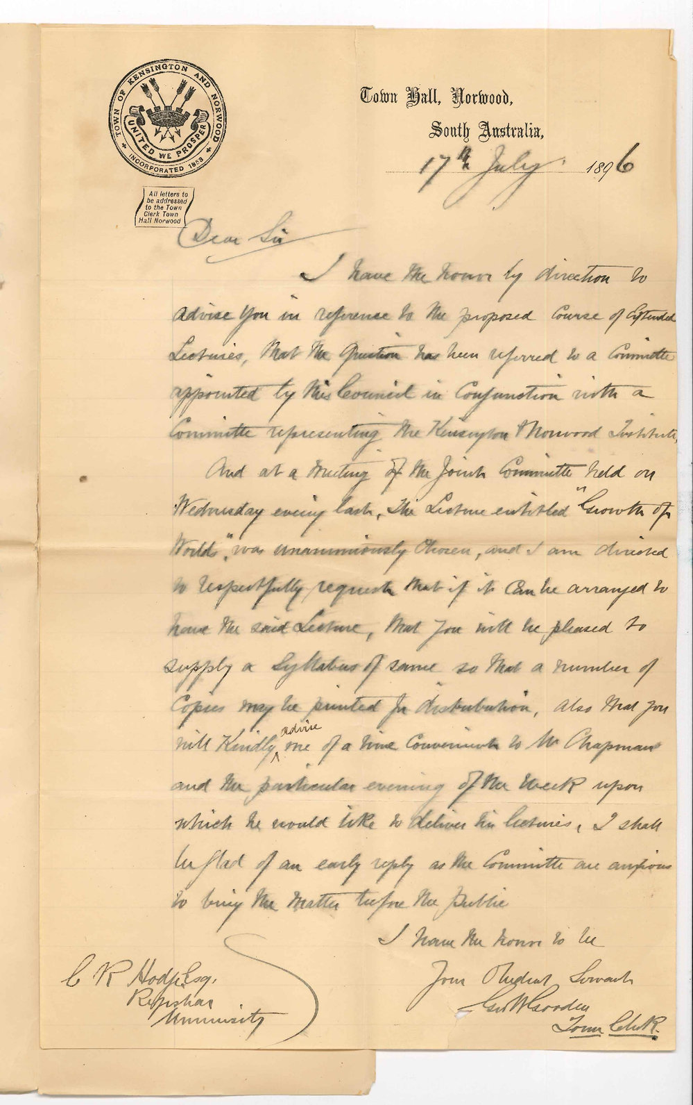 George W Gooden - Town Clerk - Norwood - Regarding Extension Lectures Mr Chapman's Course