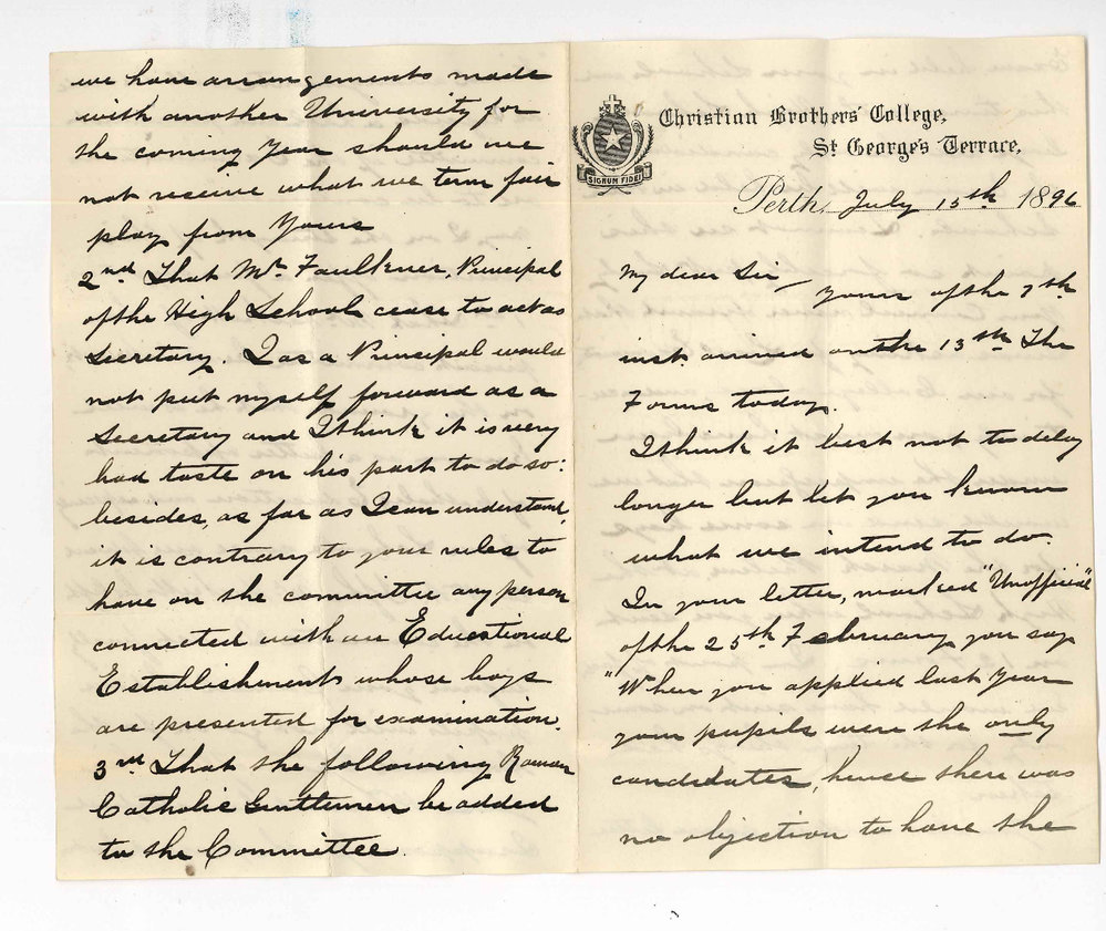 Reverend Thomas A O'Brien - Christian Brothers' College - Perth - Arrangements for the Preliminary Examination to be held in Perth