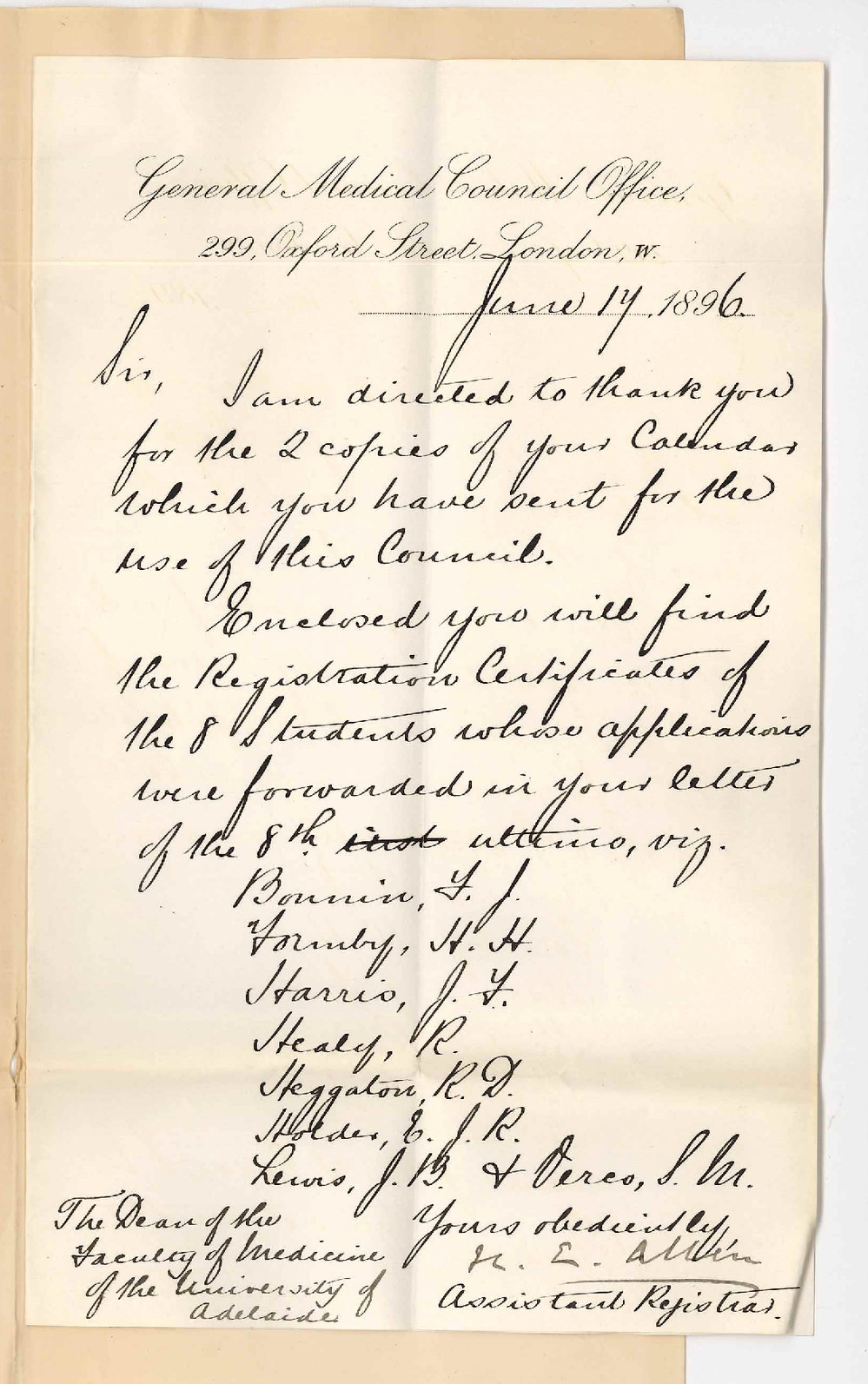 Henry L Allen - Registrar - General Medical Council Office - London - Registration of Medical Students