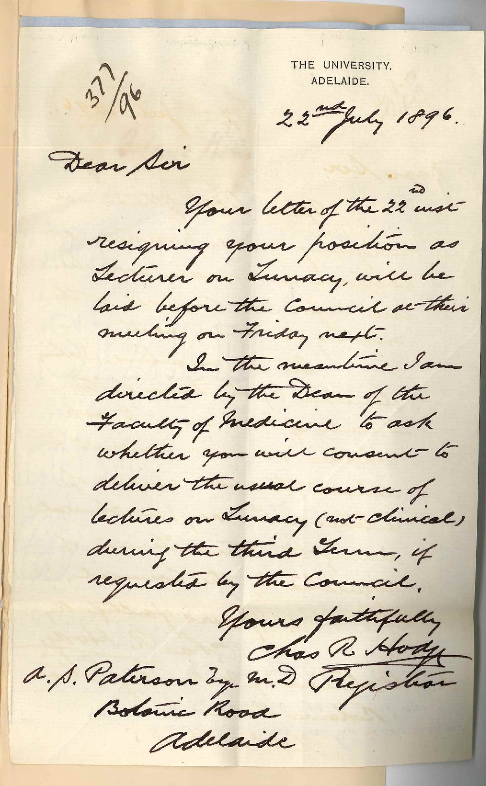 Dr Alexander Stuart Paterson - Adelaide - Resigning His Position as Lecturer on Lunacy