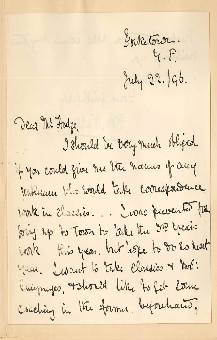 Miss E M Nall - Yorketown - Regarding correspondence Coach for Classics