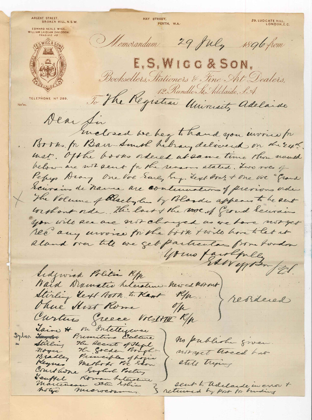E S Wigg and Son - Adelaide - Books for the Barr Smith Library