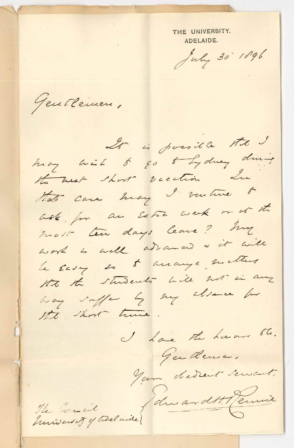 Professor Edward Henry Rennie - The University - Asks for short leave of absence beginning of 3rd Term