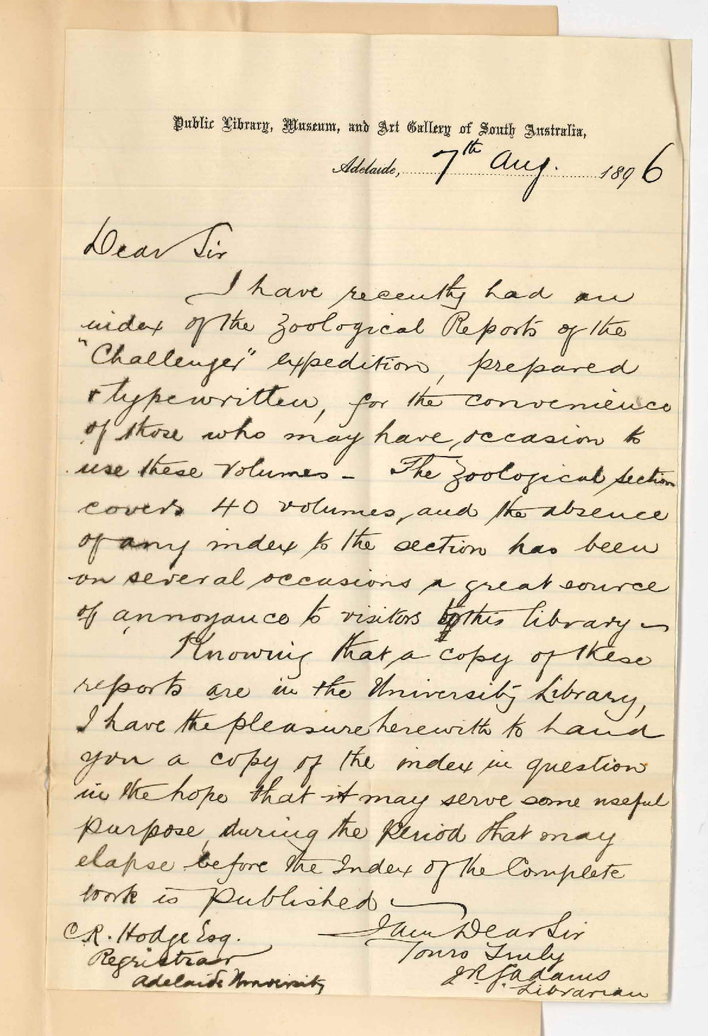 J R G Adams - Public Library - Presents index of Challenger Reports