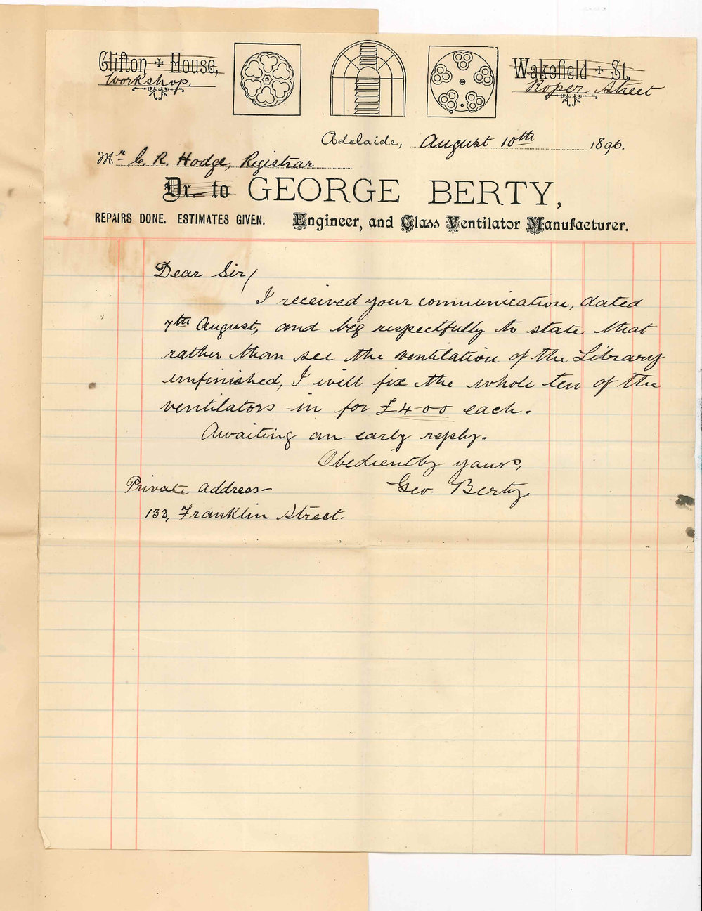George Berty - Adelaide - Will make Library ventilation for &pound;4 each
