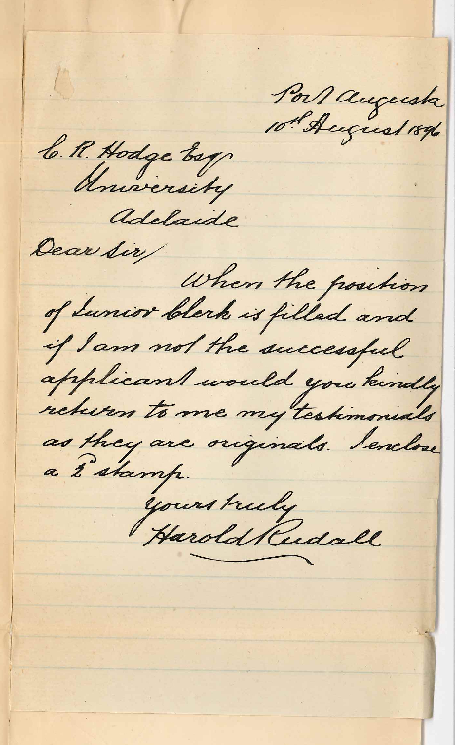 Harold Rudall - Port Augusta - Asks for return of testimonials