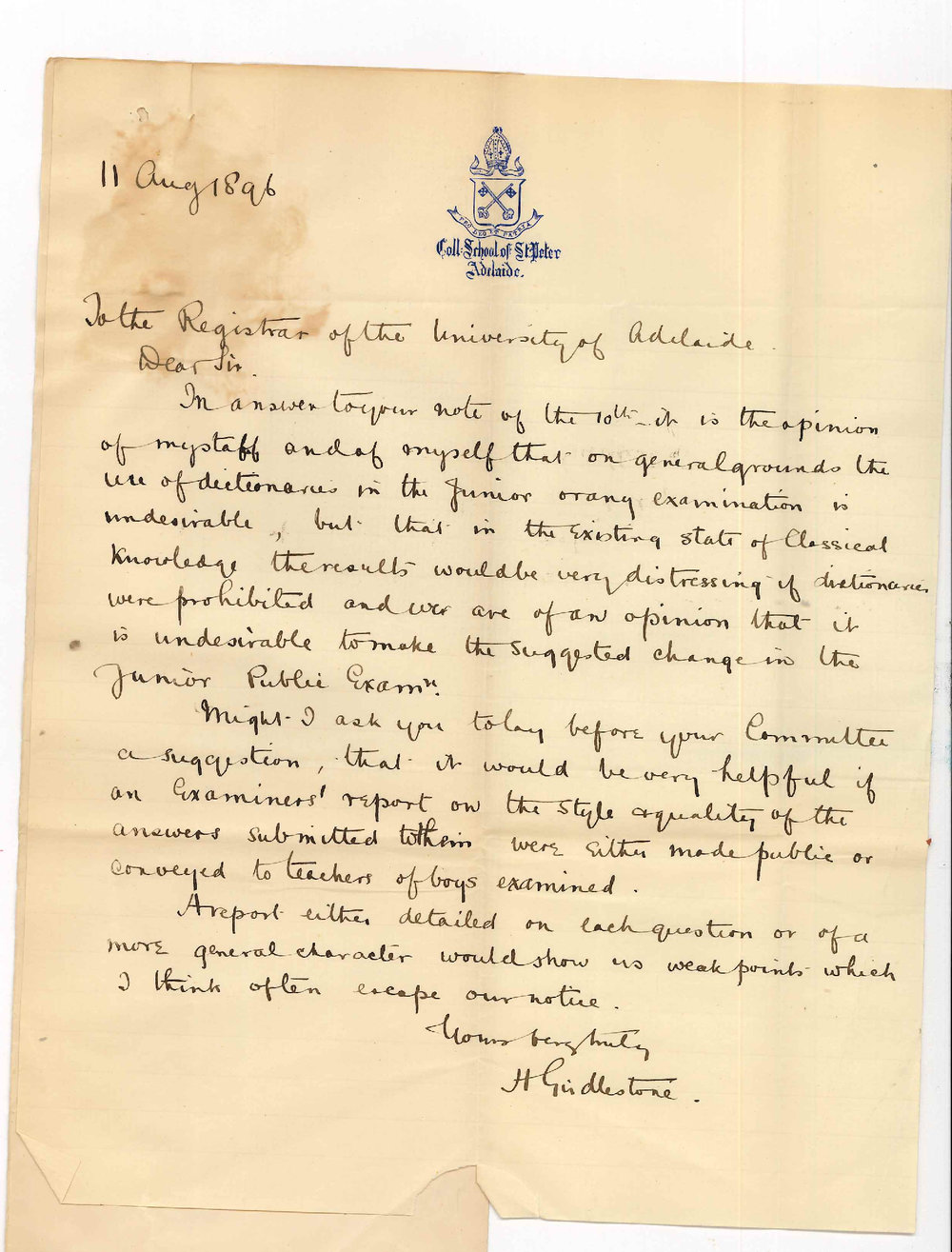 H Girdlestone - Head Masters Colleges and Schools - Replies to circular Letter - Discontinuance of Dictionaries for Junior Public Examination