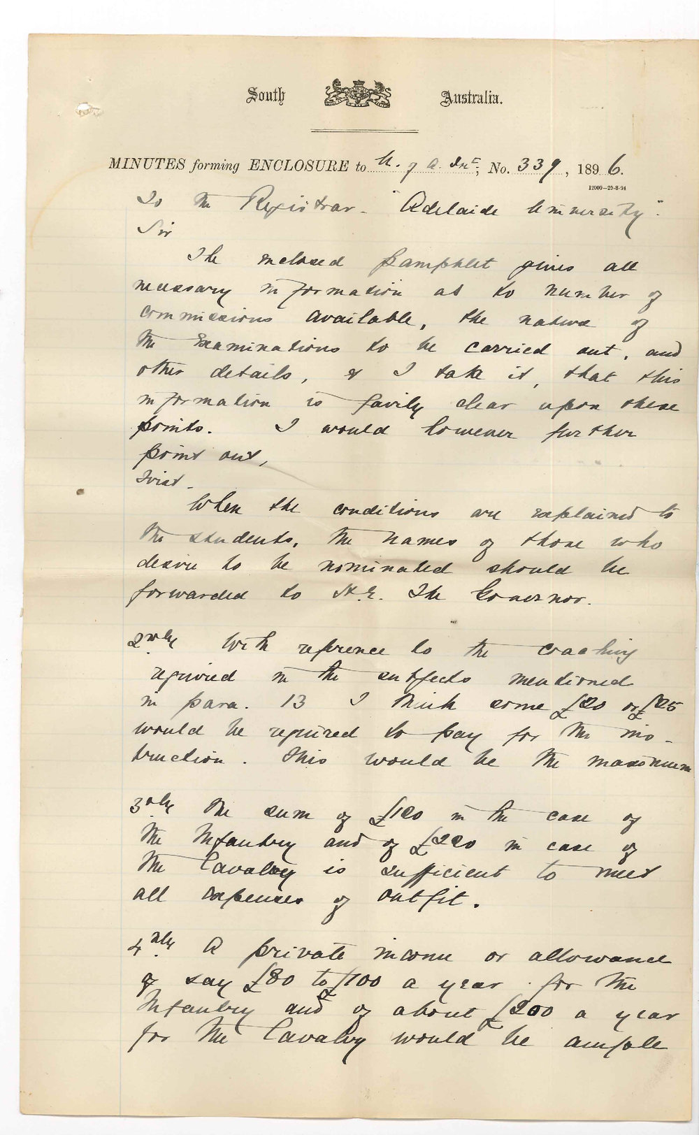 Joseph Gordon - Staff Office Adelaide - To Chancellor - Commissions in British Army