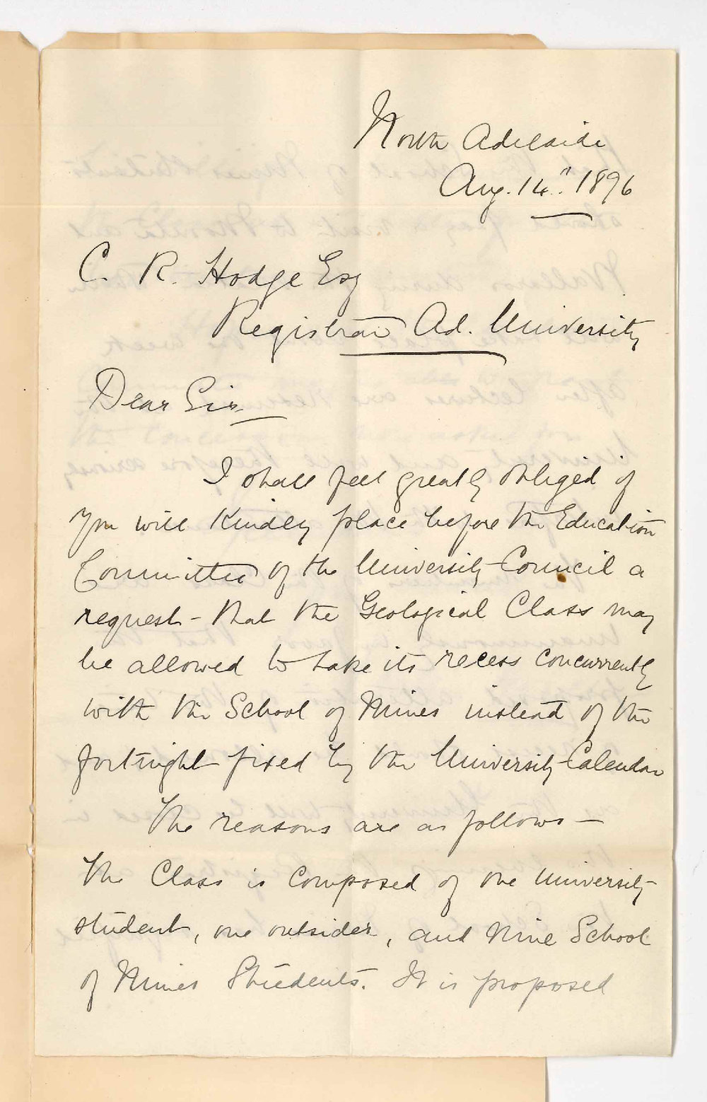 Walter Howchin - North Adelaide - Regarding Carrying on Geology Class During Vacation