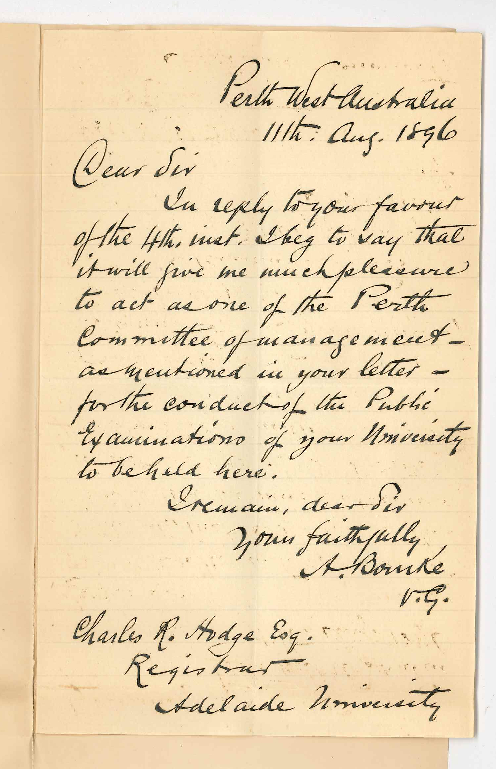 A Bourke - Perth - Acting as one of the Perth Committee of Management for conducting University Public Examinations