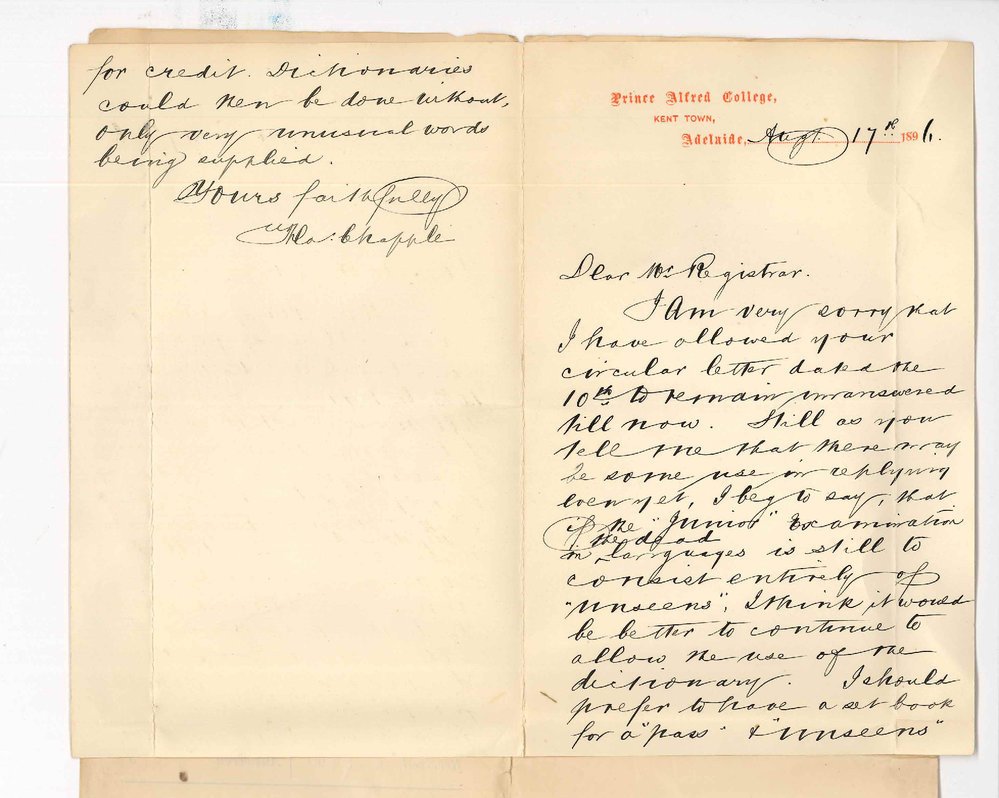 Frederick Chapple - Prince Alfred College - Kent Town - Use of dictionaries for Junior Examination