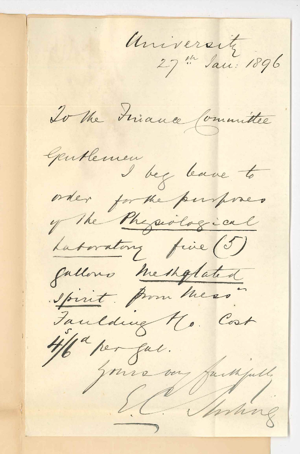 Dr Edward Charles Stirling - The University - Re ordering Methylated spirit for Physiological Laboratory