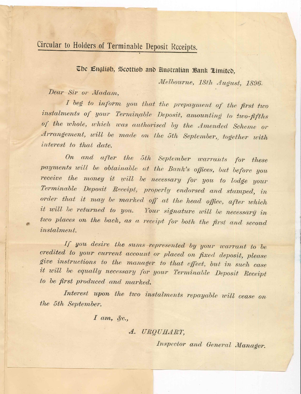 A Urquhart - English Scottish and Australian Bank - Terminable Deposit receipts