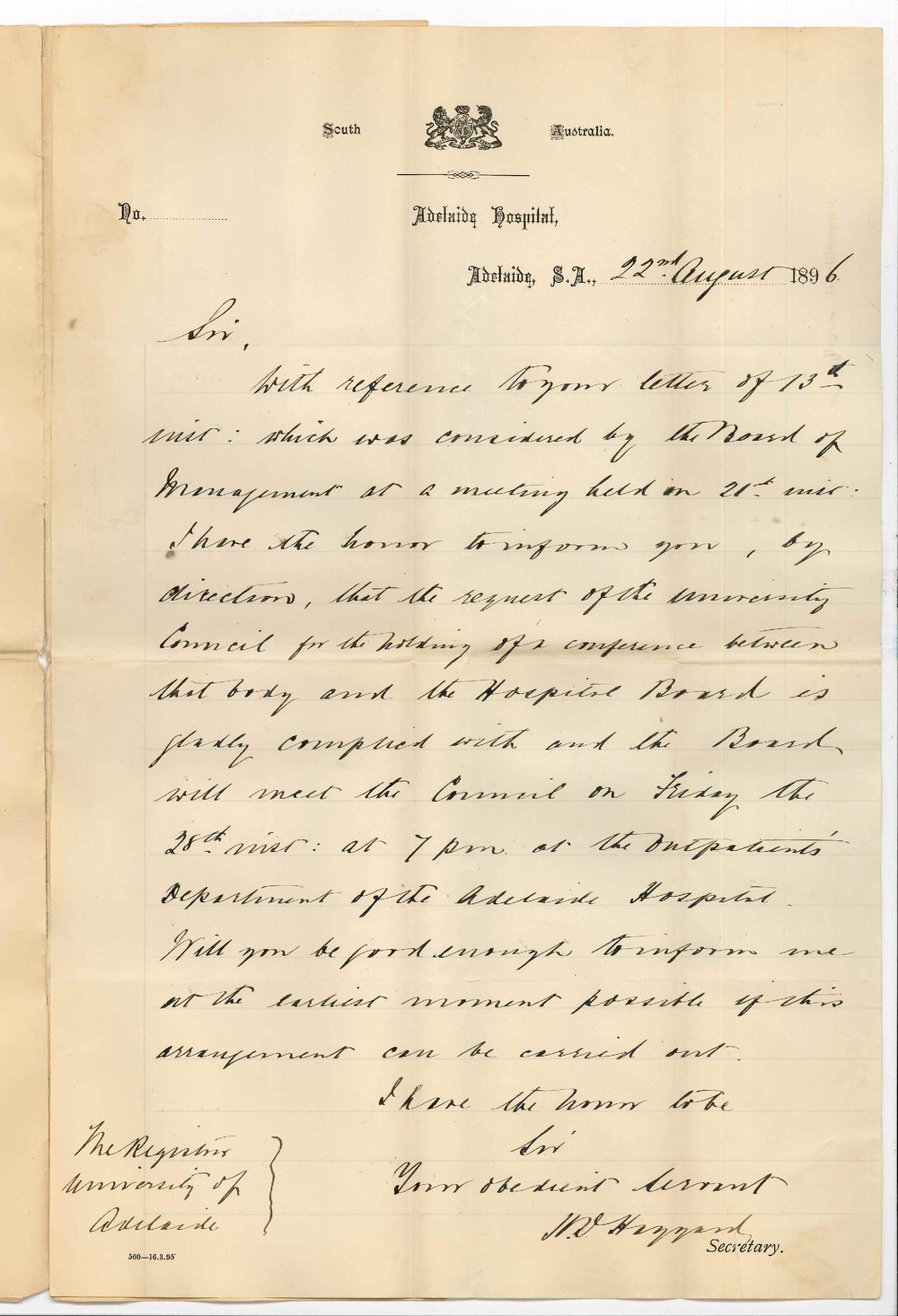 H D Haggard - Secretary - Adelaide Hospital - Regarding Conference between University Council and Hospital Board