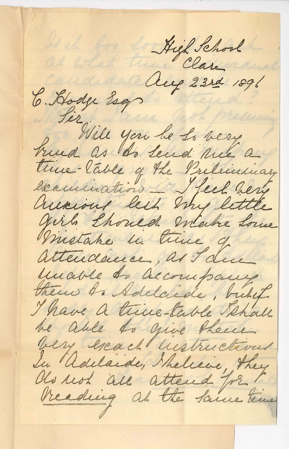 Mrs Frances E Barnard - High School Clare - Regarding timetable for Preliminary Examination