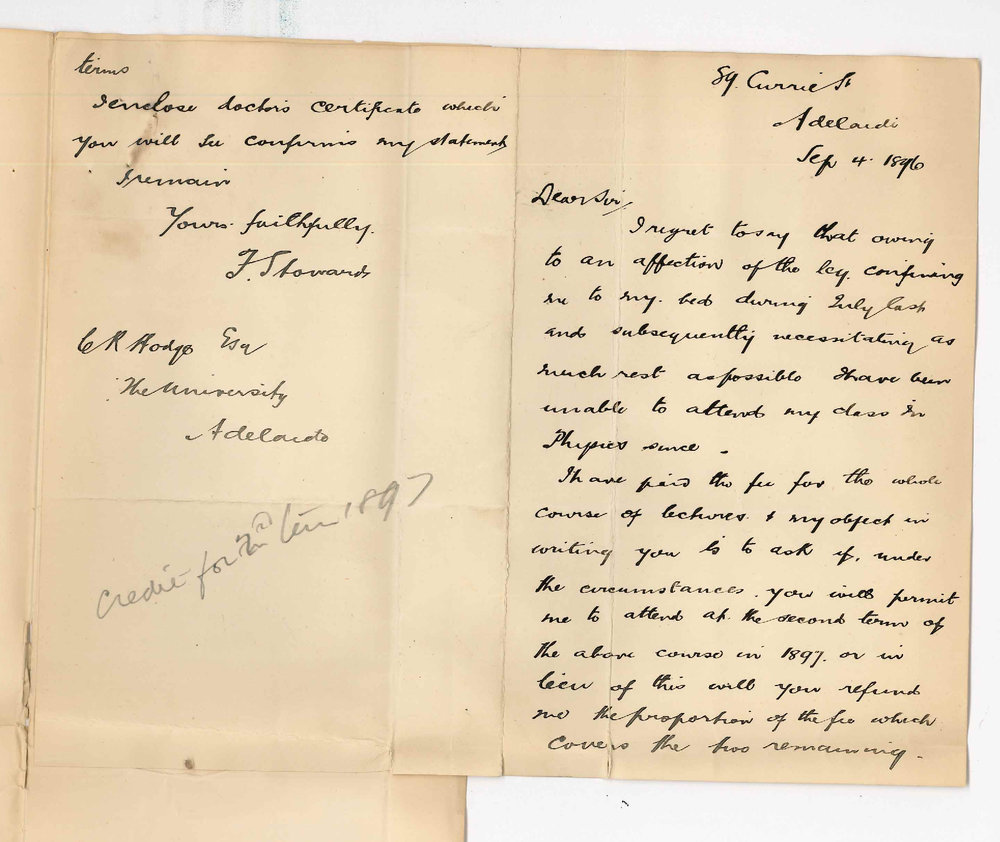 Mr F Stoward - Currie Street Adelaide - Stating unable to attend Physics class through illness