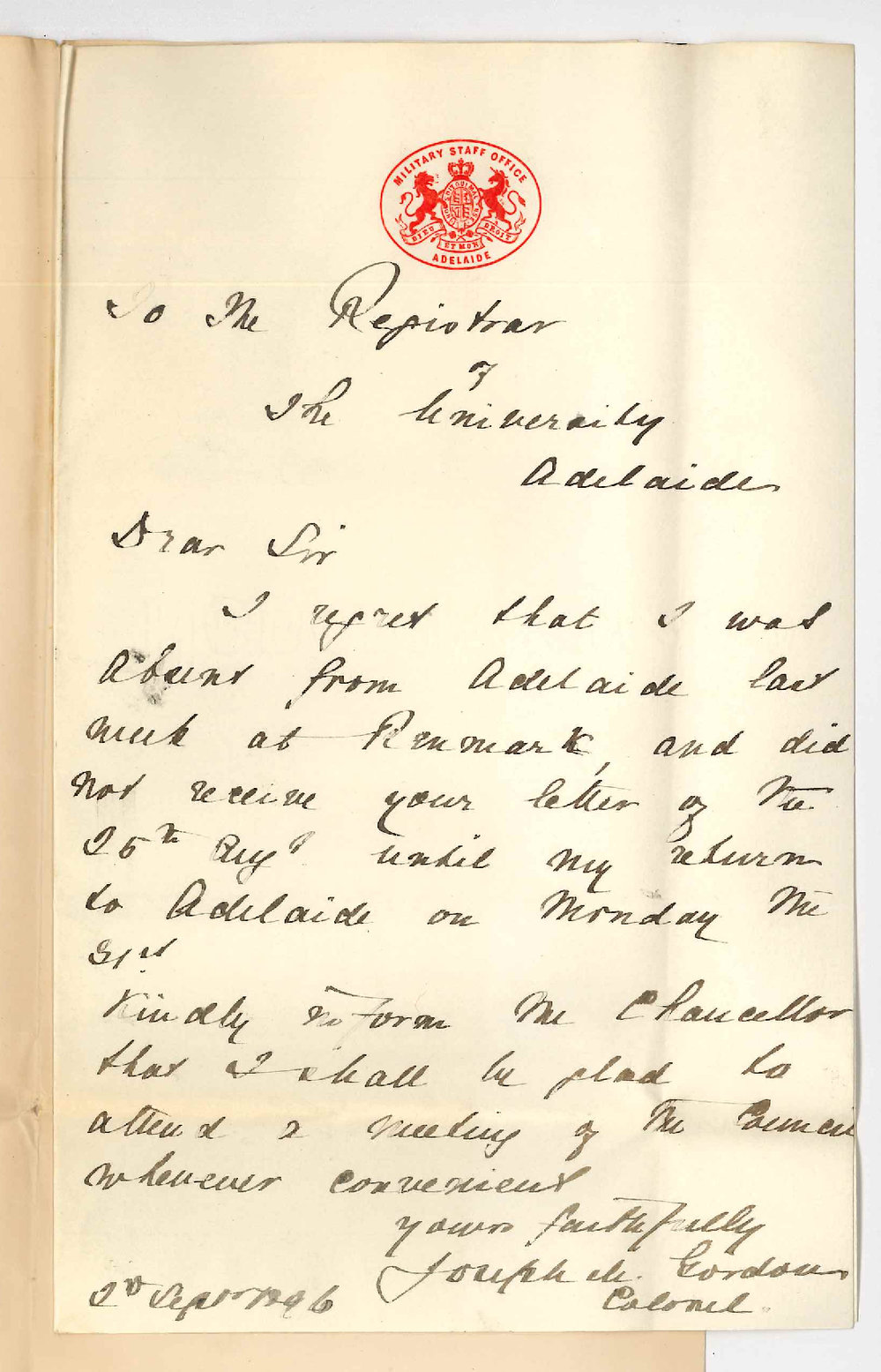 Colonel Joseph Gordon - Adelaide - Stating inability to attend Council meeting