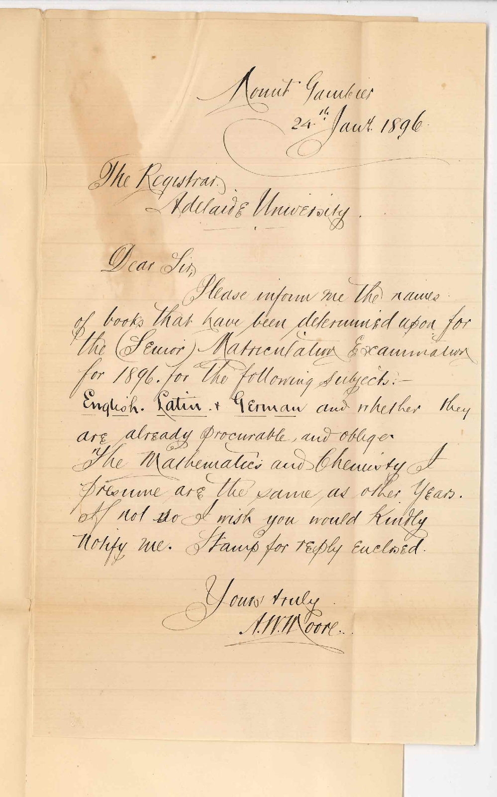 A W Moore - Mount Gambier - Re subjects in Matriculation Examination