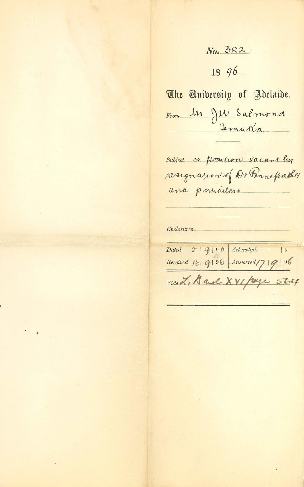 John William Salmond - Temuka - Regarding position vacant by resignation of Dr Pennefather and particulars