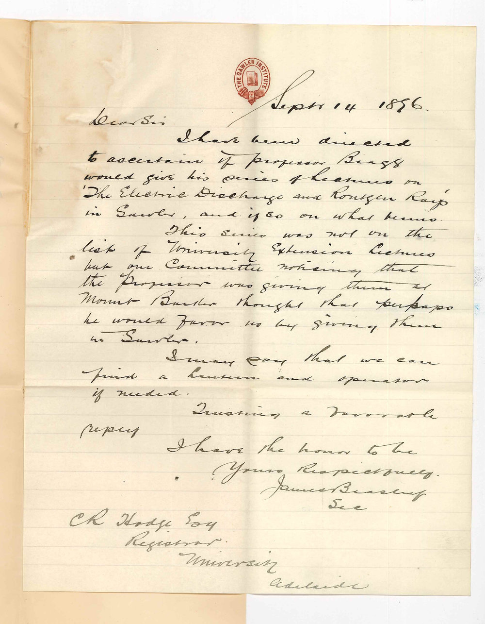 James Beasley - Gawler Institute - Lecture by Professor Bragg on Rontgen Rays