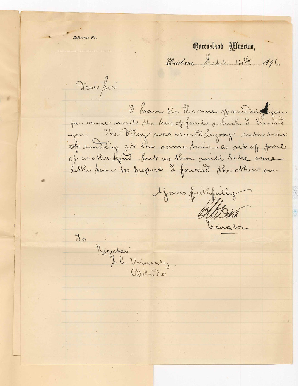 Charles Walter De Vis - Curator - Queensland Museum - Regarding sending box of Fossils