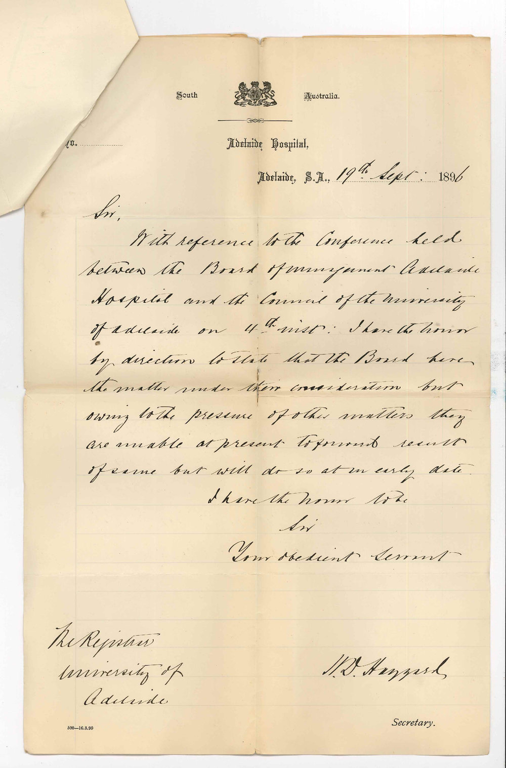 H D Haggard - Secretary - Adelaide Hospital - Result of Conference between Hospital Board and University Council