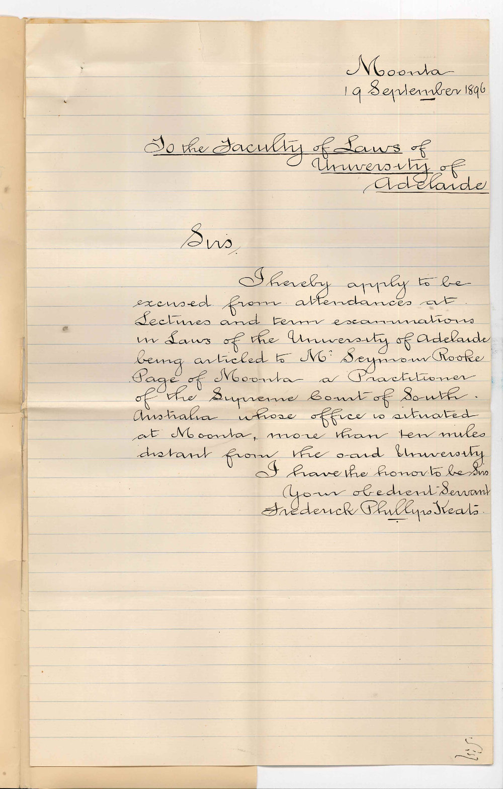 Frederick Phillips Keats - Moonta - Asking to be excused from Lectures and Term Examinations