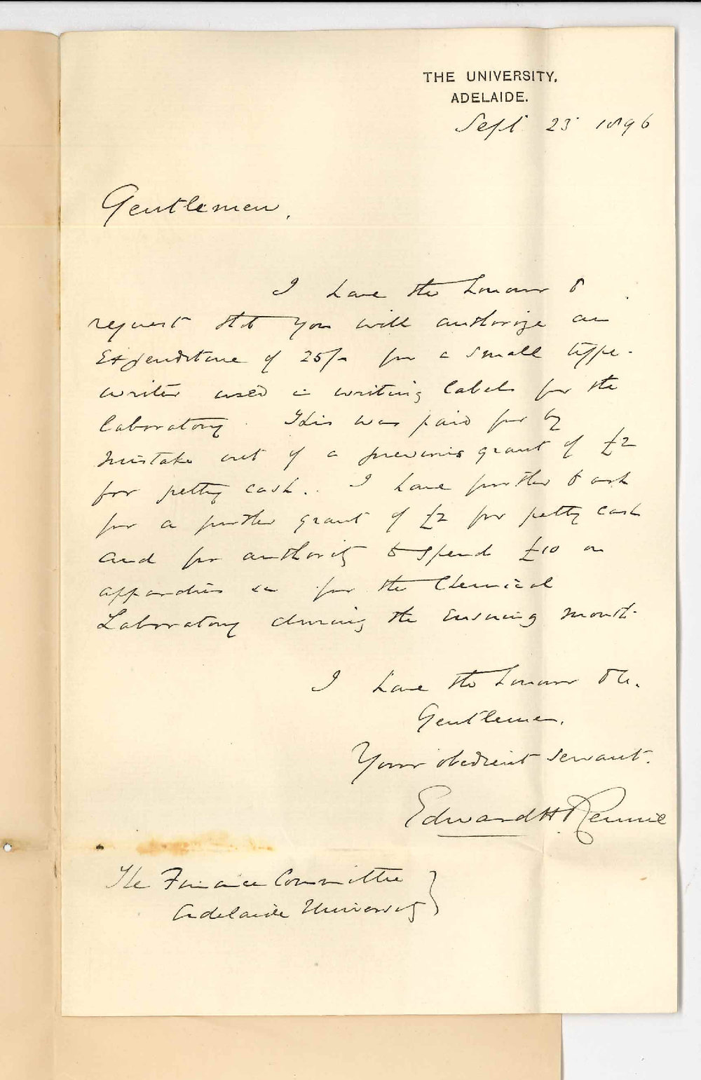 Professor Edward Henry Rennie - University - Asking for grant for petty expenses