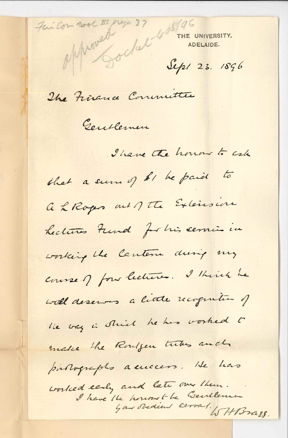 Professor William Henry Bragg - University - Asking that a sum of &pound;1 be paid to A L Rogers