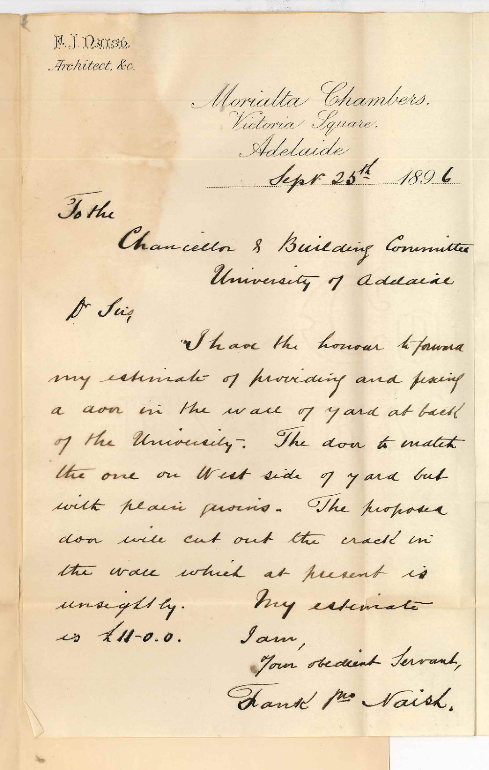 Frank John Naish - Estimate for providing and fixing door in wall of yards