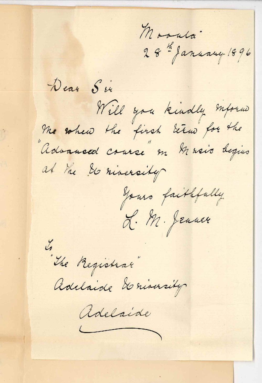 Miss L M Jenner - Moonta - Advanced Course in Music