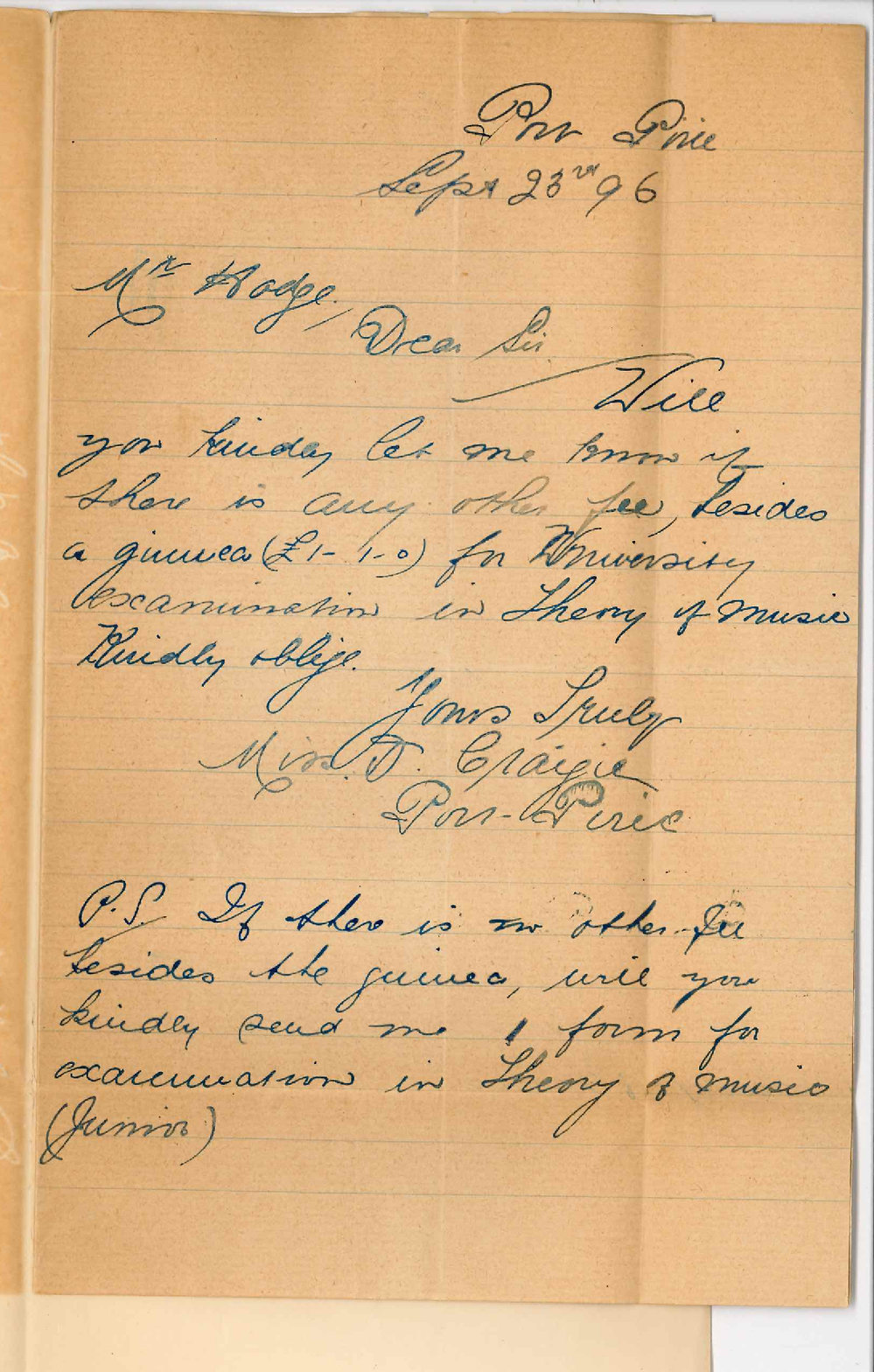 Miss D Craigie - Port Pirie - Fee for Music Examination