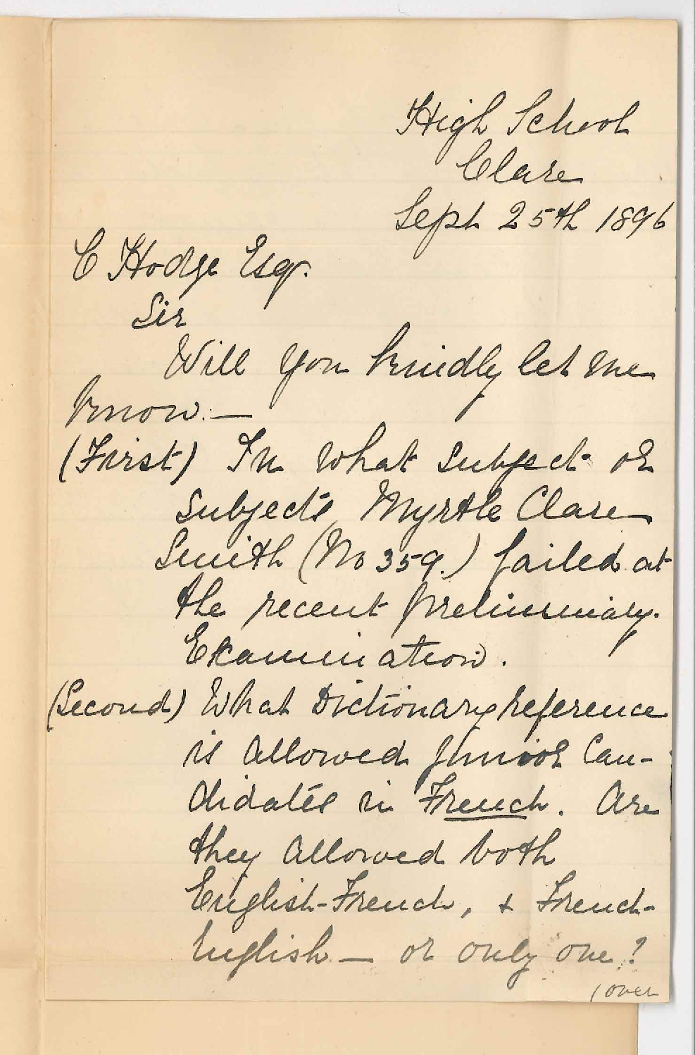 Mrs Frances E Barnard - High School Clare - Regarding Preliminary and Junior Examinations