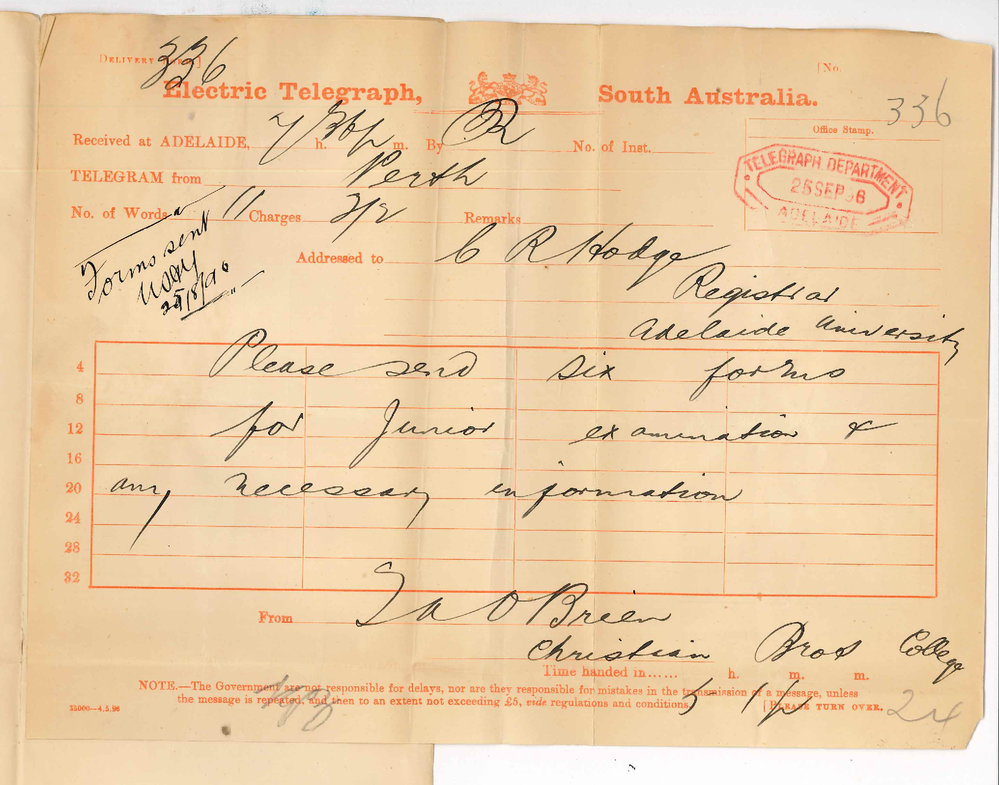 Reverend Thomas A O'Brien - Christian Brothers' College - Perth - To forward forms for Junior Examination