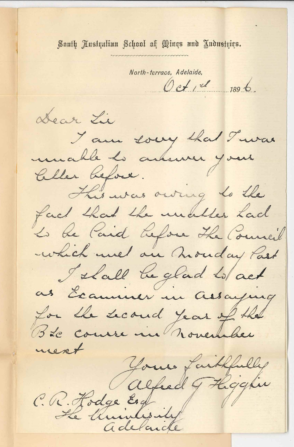 Alfred James Higgin - Consenting to act as Examiner