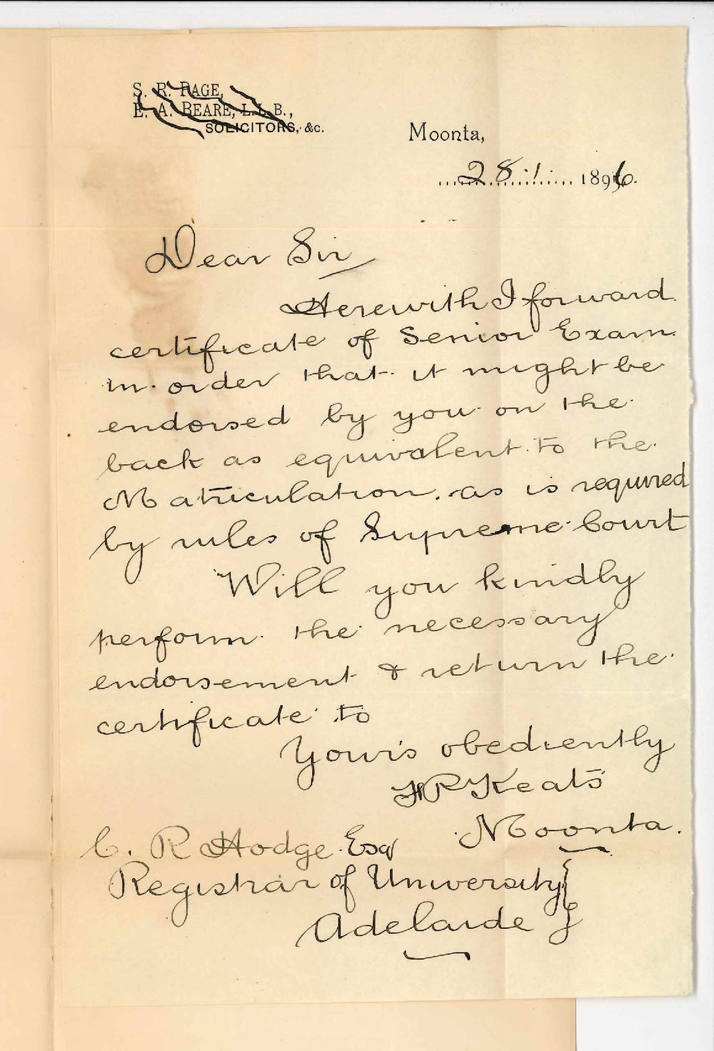 Frederick Phillips Keats - Moonta - Senior Public Equal to Matriculation