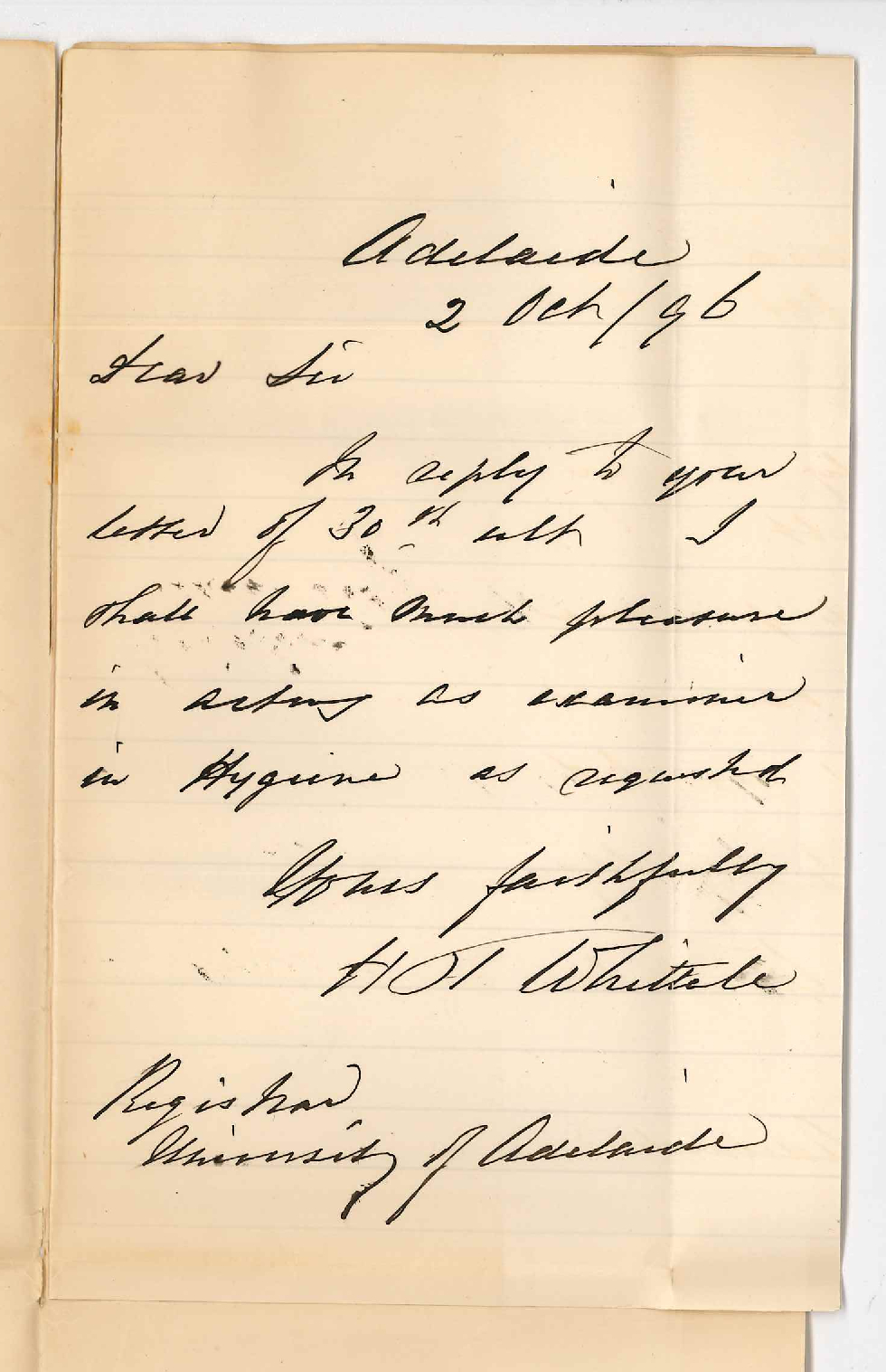Horatio Thomas Whittell - East Terrace - Consenting to act as Examiner in Hygiene