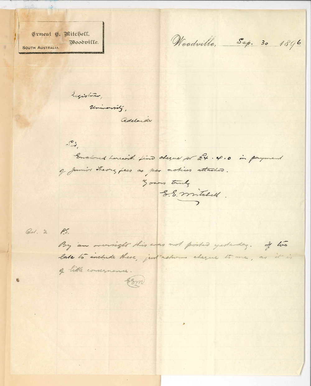 Ernest Edwin Mitchell - Woodville - Fees for Music Examinations