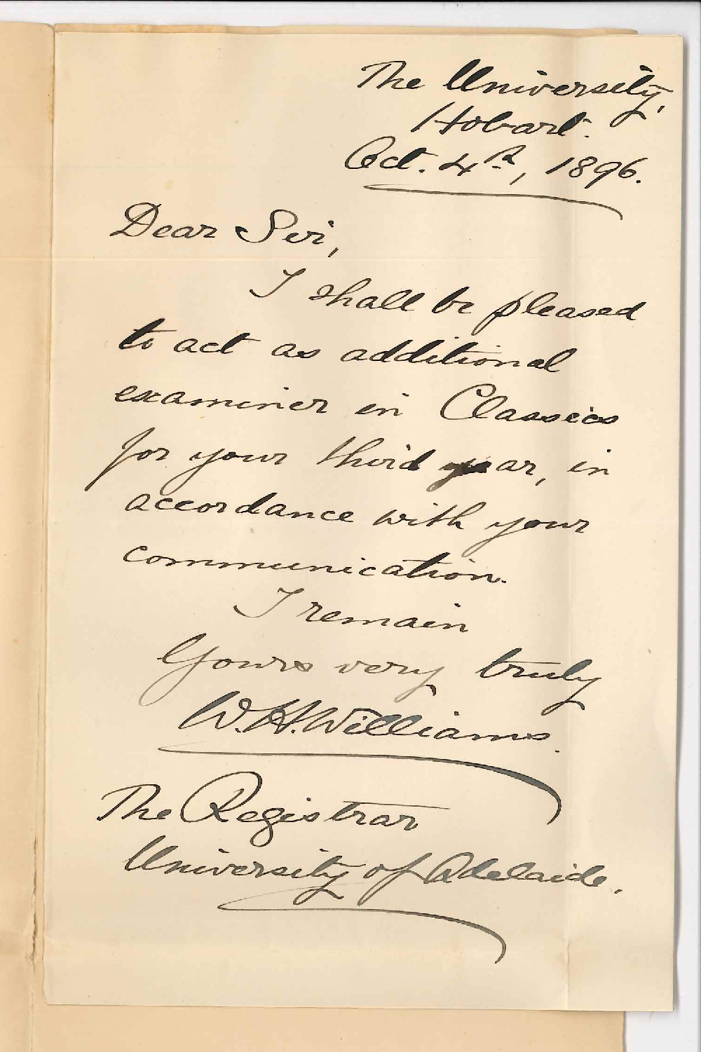 William H Williams - Hobart - Consenting to act as Examiner